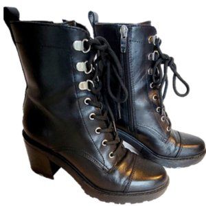 Marc Fisher Mflanie Black Leather Heeled Combat Lace Up Boot Size 6